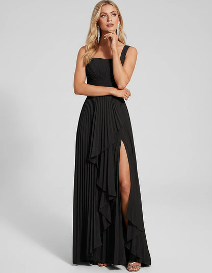 Pleated Chiffon Sleeveless Square Neck A-Line Maxi Dress for Party, Cocktail, Evening, Wedding Guest, Bridesmaid & Summer Eve