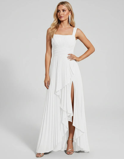 Pleated Chiffon Sleeveless Square Neck A-Line Maxi Dress for Party, Cocktail, Evening, Wedding Guest, Bridesmaid & Summer Eve
