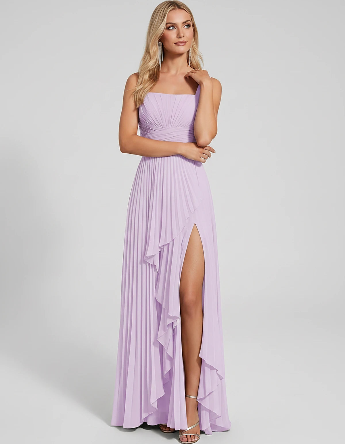 Pleated Chiffon Sleeveless Square Neck A-Line Maxi Dress for Party, Cocktail, Evening, Wedding Guest, Bridesmaid & Summer Eve