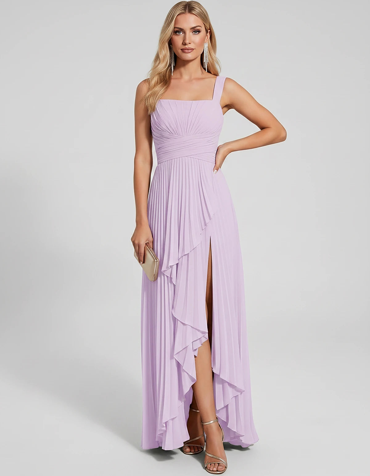 Pleated Chiffon Sleeveless Square Neck A-Line Maxi Dress for Party, Cocktail, Evening, Wedding Guest, Bridesmaid & Summer Eve