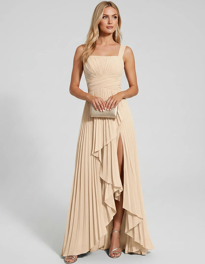 Pleated Chiffon Sleeveless Square Neck A-Line Maxi Dress for Party, Cocktail, Evening, Wedding Guest, Bridesmaid & Summer Eve