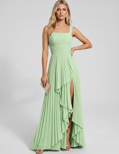 Pleated Chiffon Sleeveless Square Neck A-Line Maxi Dress for Party, Cocktail, Evening, Wedding Guest, Bridesmaid & Summer Eve