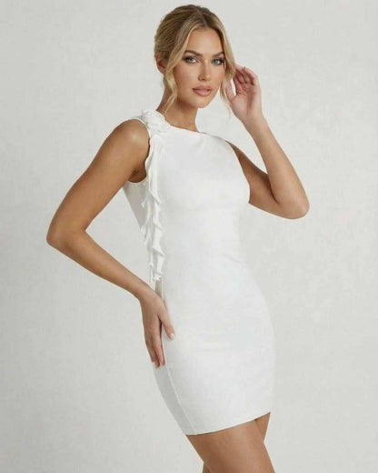 Vama Mini Dress by RAMBLION, white, 100% polyester, round neck, elegant fit for casual and formal occasions.