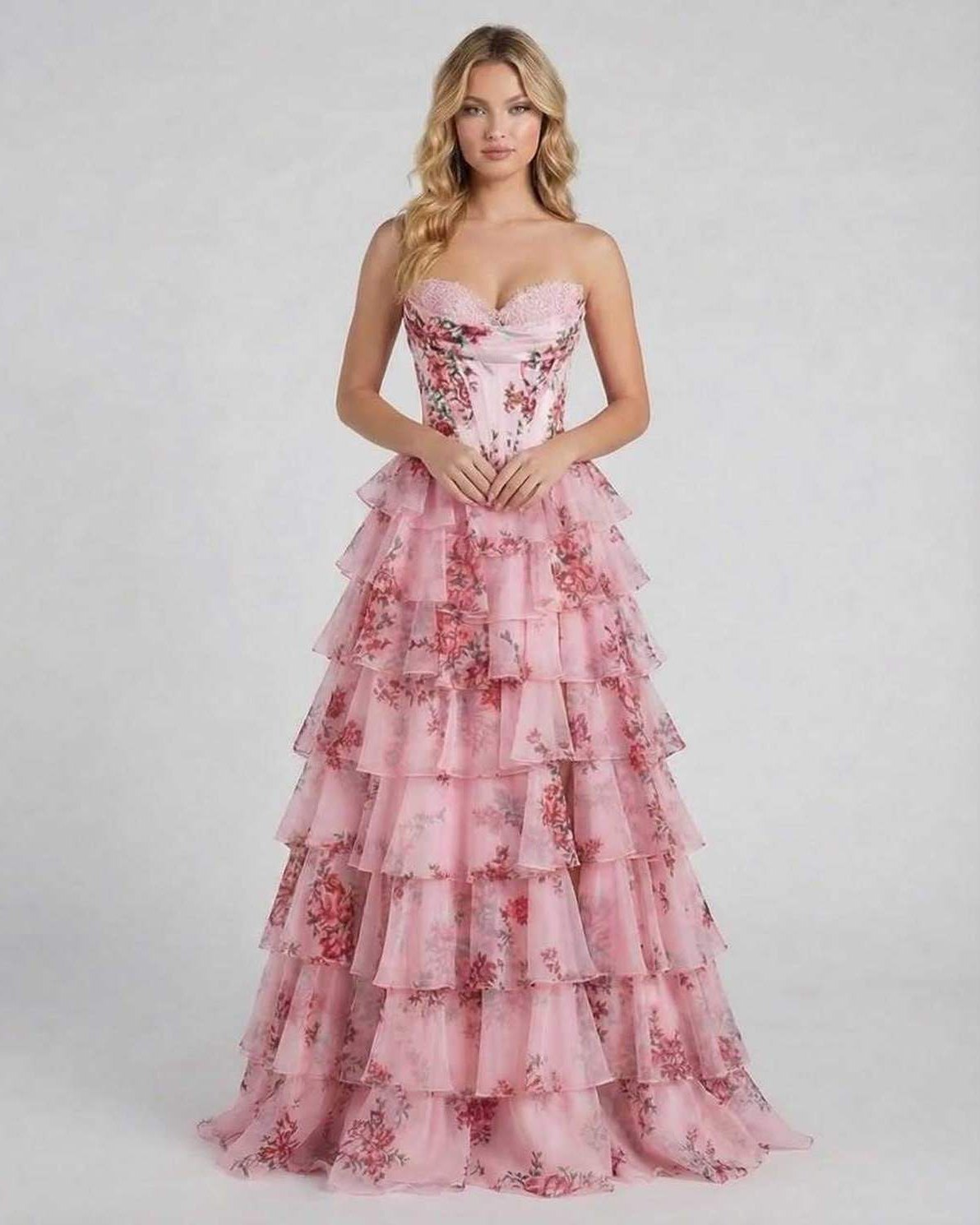 Vana Maxi Dress in soft pink satin with tiered skirt, perfect for upscale events by RAMBLION.