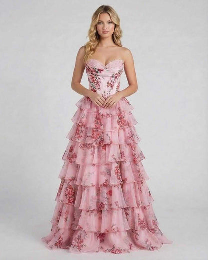Vana Maxi Dress in soft pink satin with tiered skirt, perfect for upscale events by RAMBLION.