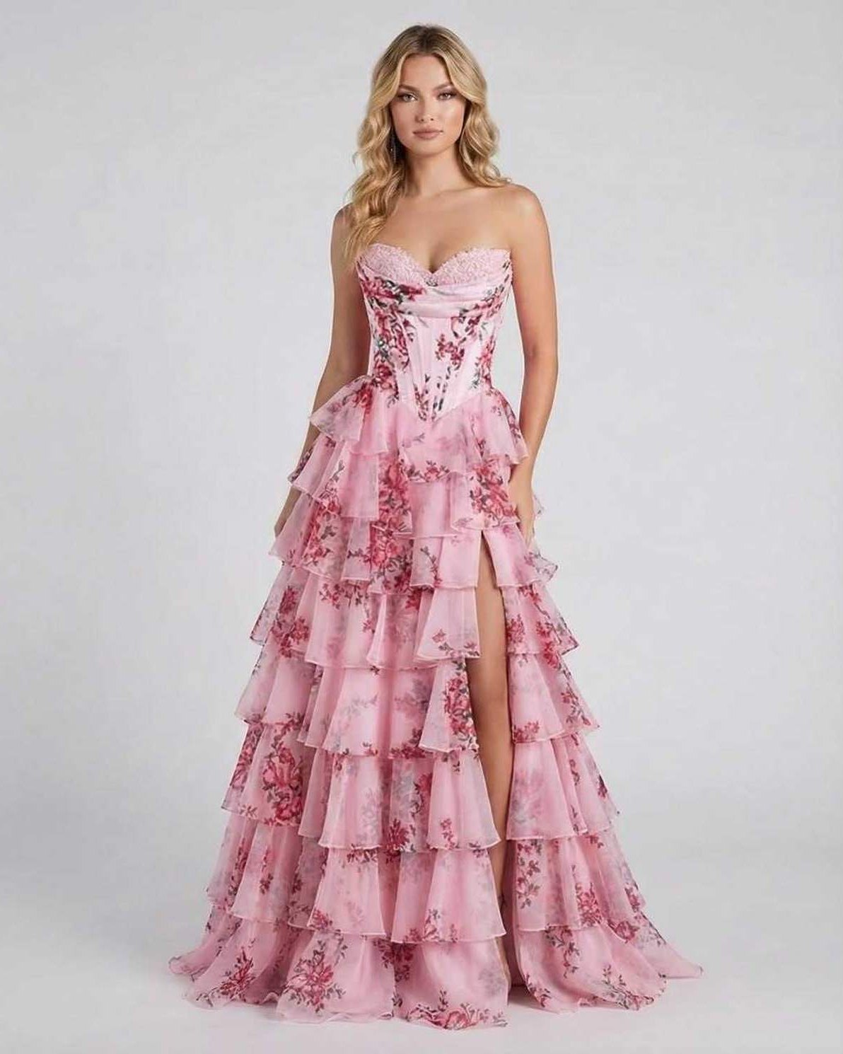 Vana Maxi Dress featuring a pink tiered skirt, satin design, perfect for upscale events by RAMBLION.