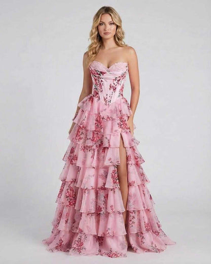 Vana Maxi Dress featuring a pink tiered skirt, satin design, perfect for upscale events by RAMBLION.