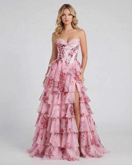 Vana Maxi Dress featuring a pink tiered skirt, satin design, perfect for upscale events by RAMBLION.