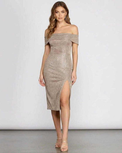 Vana Midi Dress by RAMBLION, beige satin off-shoulder dress, elegant, perfect for cocktail events.