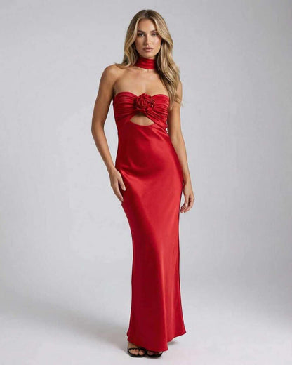 Vara Maxi Dress in vibrant red, strapless design, elegant silhouette, perfect for special occasions, by RAMBLION.