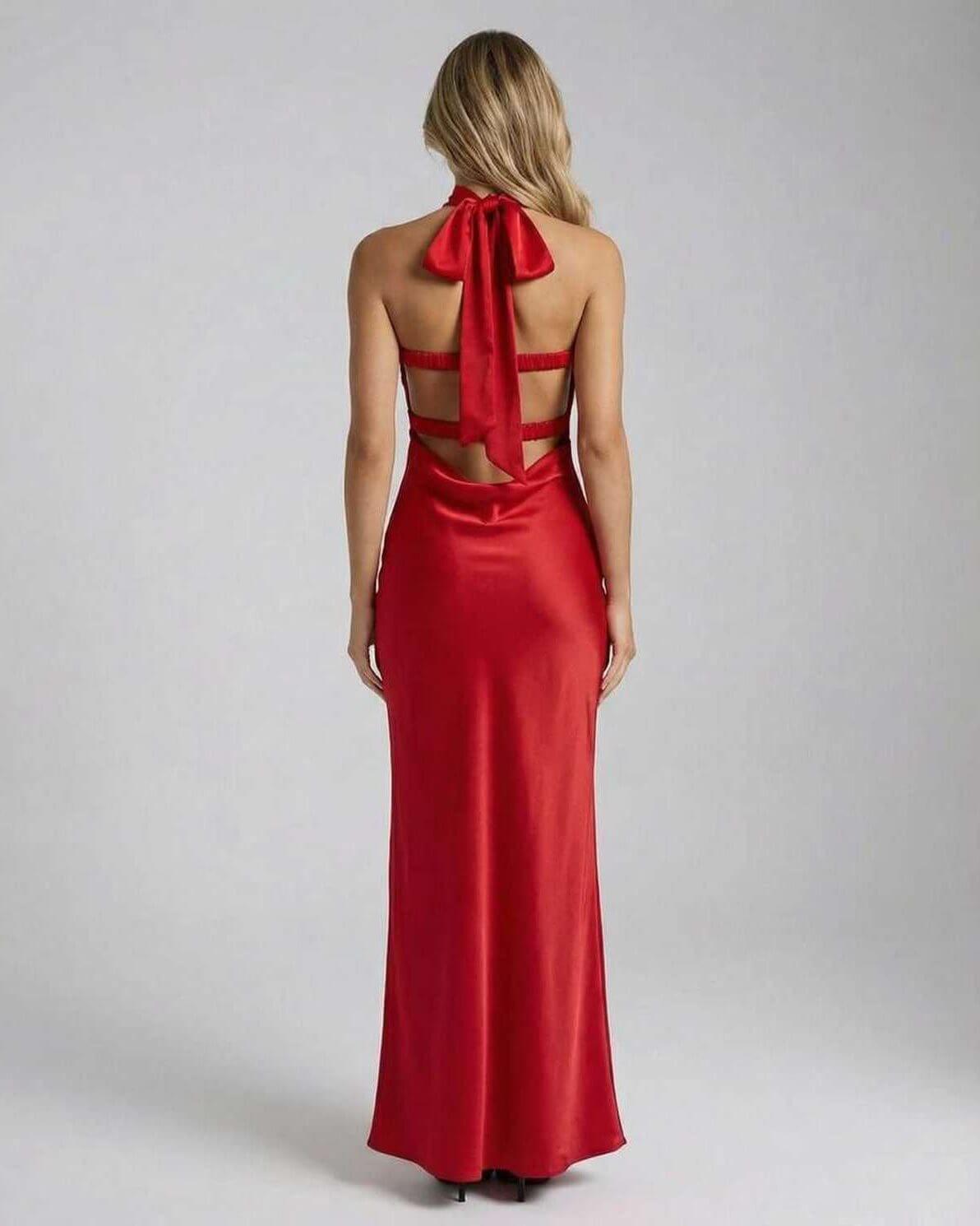 Vara Maxi Dress, red satin, strapless, elegant silhouette, perfect for special occasions, RAMBLION brand.