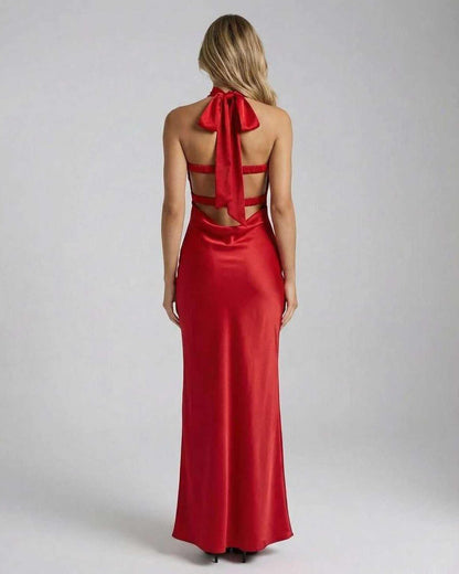 Vara Maxi Dress, red satin, strapless, elegant silhouette, perfect for special occasions, RAMBLION brand.