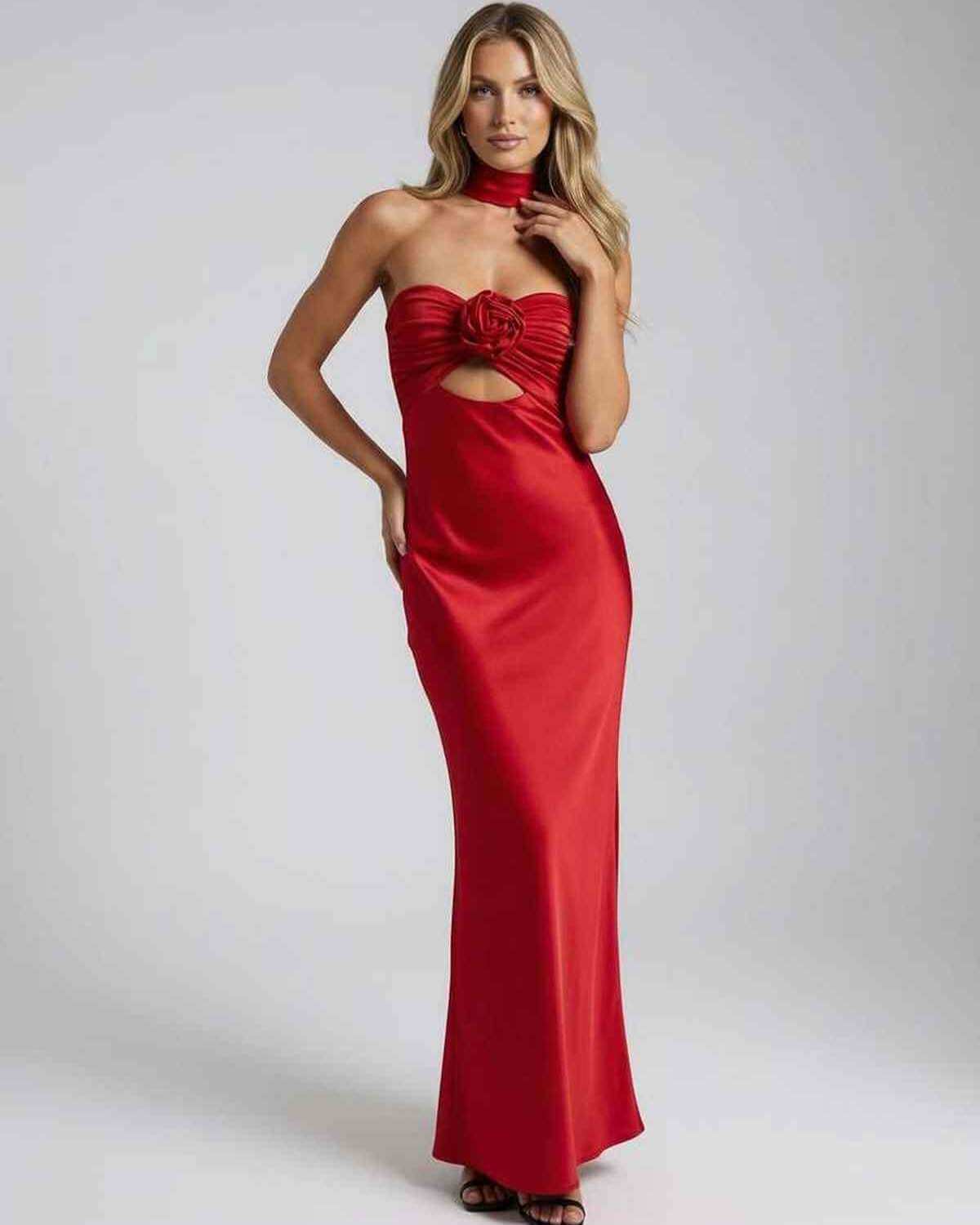 Vara Maxi Dress by RAMBLION, red satin strapless, elegant silhouette, perfect for special occasions.