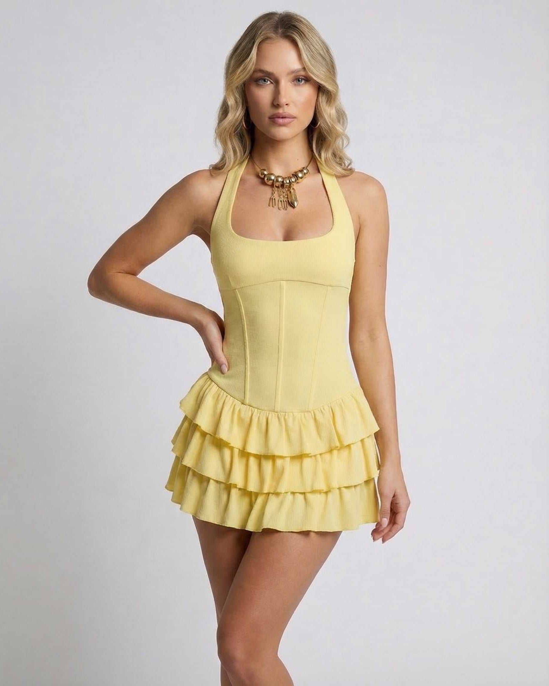 Vava Mini Dress by RAMBLION, yellow tiered ruffle skirt, square neck, perfect for warm-weather events.