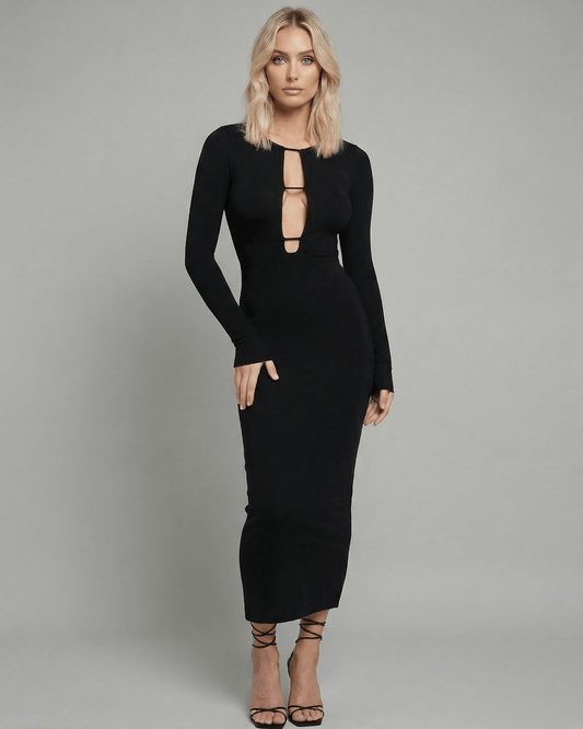 Veda Midi Dress by RAMBLION, black long sleeve, hollow out detail, stylish choice for special occasions.