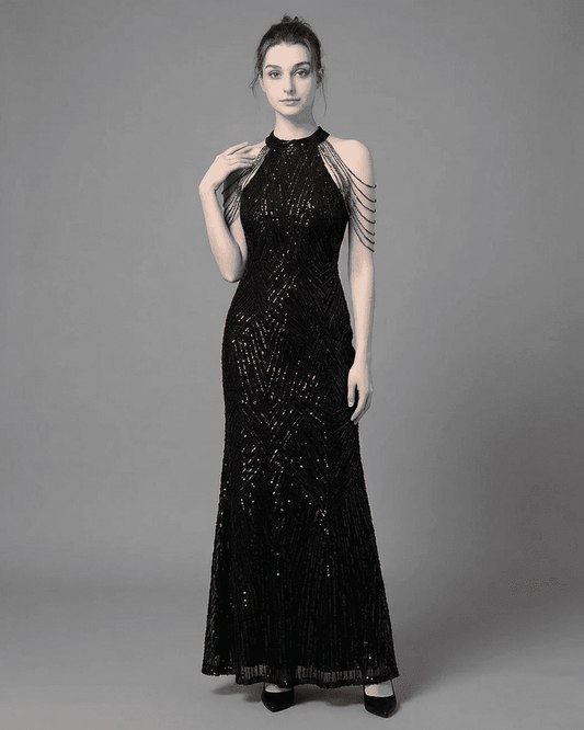Vega Maxi Dress - Elegant sequin halter mermaid gown with shoulder embellishments by RAMBLION.