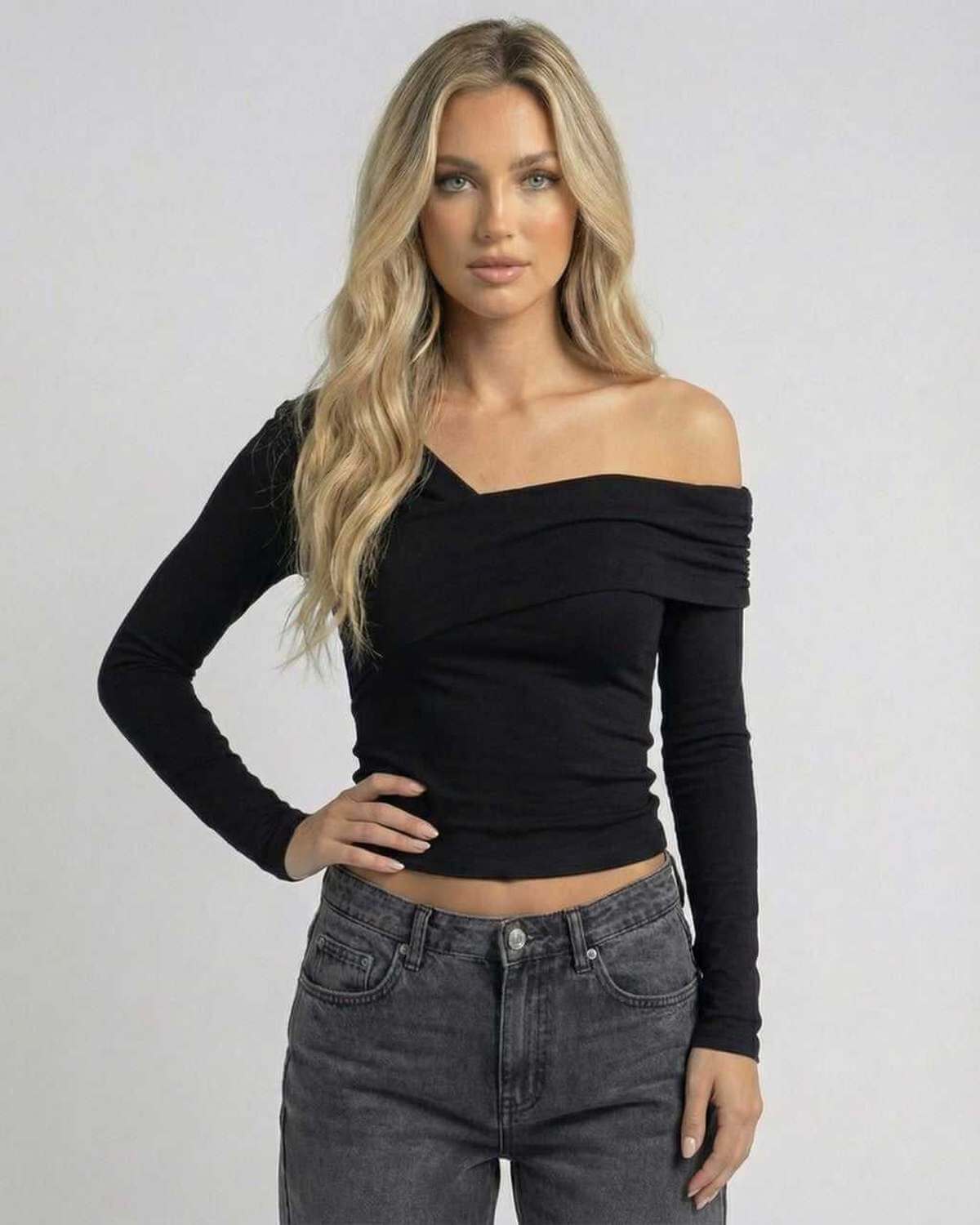 Vela Long Sleeve black top with elegant off-the-shoulder neckline by RAMBLION, perfect for chic occasions.