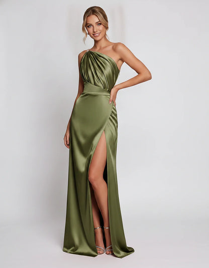 Satin Sleeveless One Shoulder Mermaid Maxi Dress with Side Slit for Party, Cocktail, Evening, Wedding Guest & Summer Events, | SKU: VMD-741926583104857-OLIVE-L,VMD-741926583104857-OLIVE-M,VMD-741926583104857-OLIVE-S,VMD-741926583104857-OLIVE-XL,VMD-741926583104857-OLIVE-XS