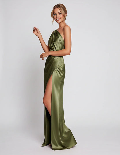 Satin Sleeveless One Shoulder Mermaid Maxi Dress with Side Slit for Party, Cocktail, Evening, Wedding Guest & Summer Events, | SKU: VMD-741926583104857-OLIVE-L,VMD-741926583104857-OLIVE-M,VMD-741926583104857-OLIVE-S,VMD-741926583104857-OLIVE-XL,VMD-741926583104857-OLIVE-XS
