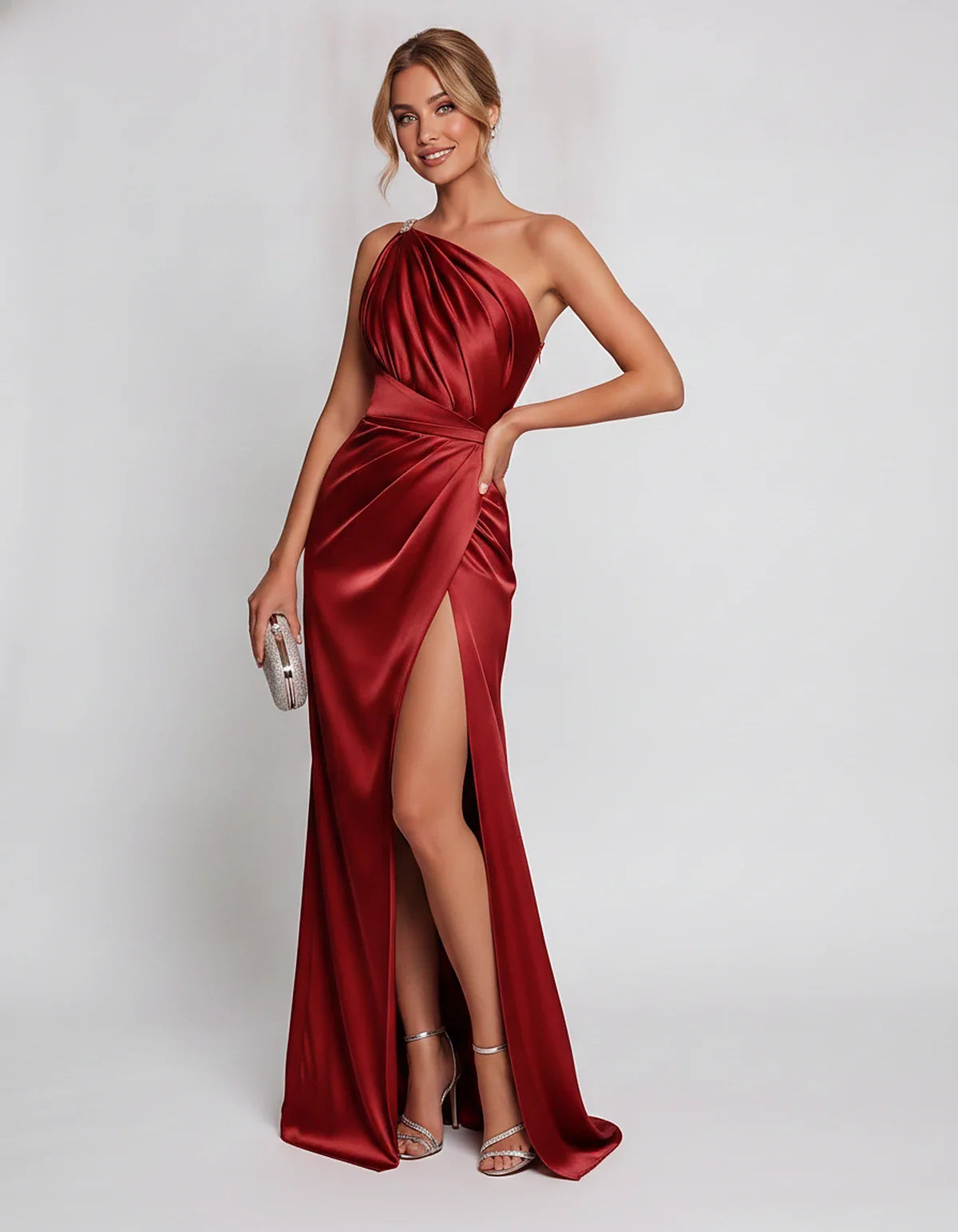 Satin Sleeveless One Shoulder Mermaid Maxi Dress with Side Slit for Party, Cocktail, Evening, Wedding Guest & Summer Events, | SKU: VMD-741926583104857-BURGUNDY-L,VMD-741926583104857-BURGUNDY-M,VMD-741926583104857-BURGUNDY-S,VMD-741926583104857-BURGUNDY-XL,VMD-741926583104857-BURGUNDY-XS