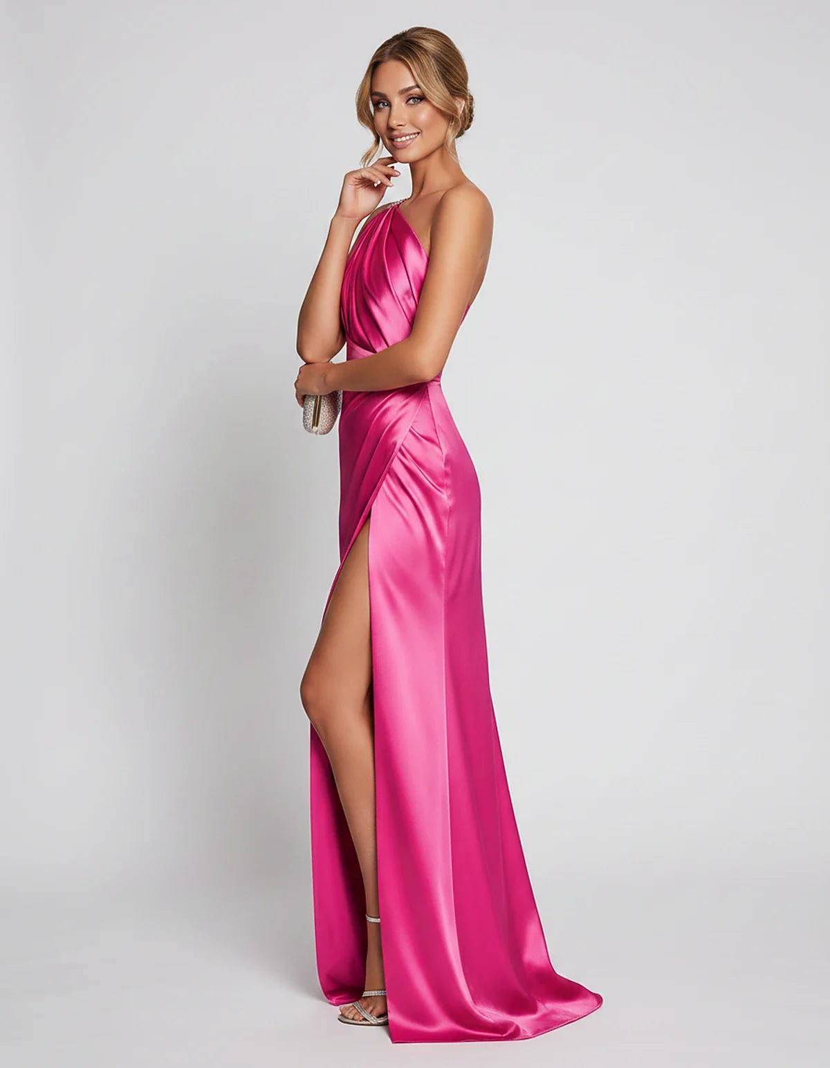Satin Sleeveless One Shoulder Mermaid Maxi Dress with Side Slit for Party, Cocktail, Evening, Wedding Guest & Summer Events, | SKU: VMD-741926583104857-HOTPINK-L,VMD-741926583104857-HOTPINK-M,VMD-741926583104857-HOTPINK-S,VMD-741926583104857-HOTPINK-XL,VMD-741926583104857-HOTPINK-XS