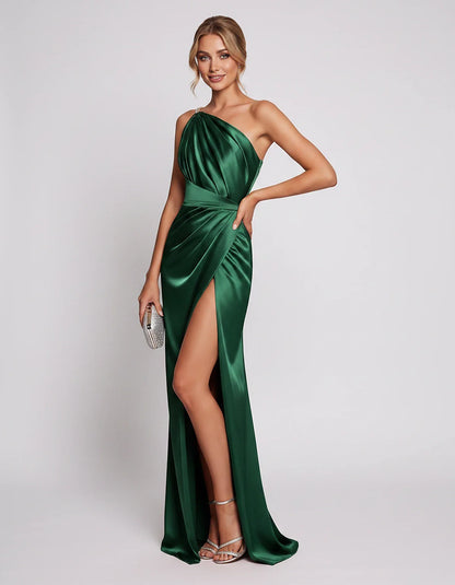 Satin Sleeveless One Shoulder Mermaid Maxi Dress with Side Slit for Party, Cocktail, Evening, Wedding Guest & Summer Events, | SKU: VMD-741926583104857-EMERALD-L,VMD-741926583104857-EMERALD-M,VMD-741926583104857-EMERALD-S,VMD-741926583104857-EMERALD-XL,VMD-741926583104857-EMERALD-XS