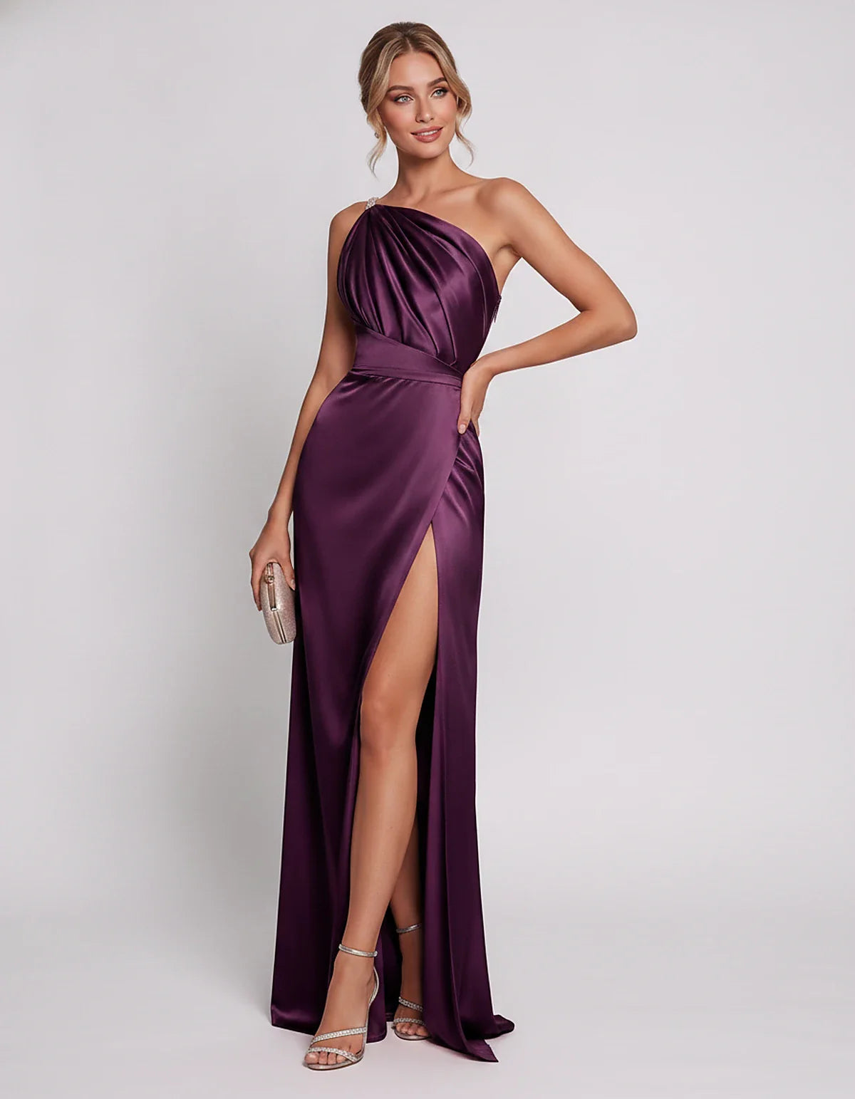 Satin Sleeveless One Shoulder Mermaid Maxi Dress with Side Slit for Party, Cocktail, Evening, Wedding Guest & Summer Events, | SKU: VMD-741926583104857-PLUM-L,VMD-741926583104857-PLUM-M,VMD-741926583104857-PLUM-S,VMD-741926583104857-PLUM-XL,VMD-741926583104857-PLUM-XS