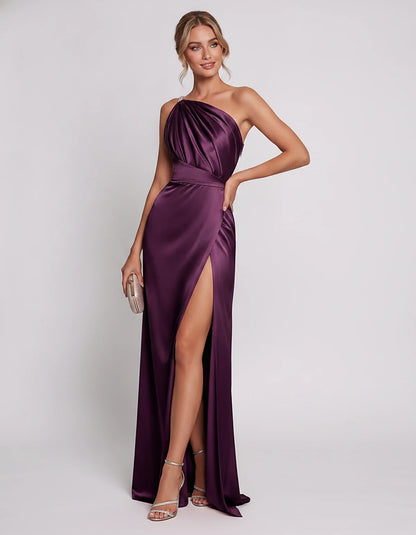 Satin Sleeveless One Shoulder Mermaid Maxi Dress with Side Slit for Party, Cocktail, Evening, Wedding Guest & Summer Events, | SKU: VMD-741926583104857-PLUM-L,VMD-741926583104857-PLUM-M,VMD-741926583104857-PLUM-S,VMD-741926583104857-PLUM-XL,VMD-741926583104857-PLUM-XS