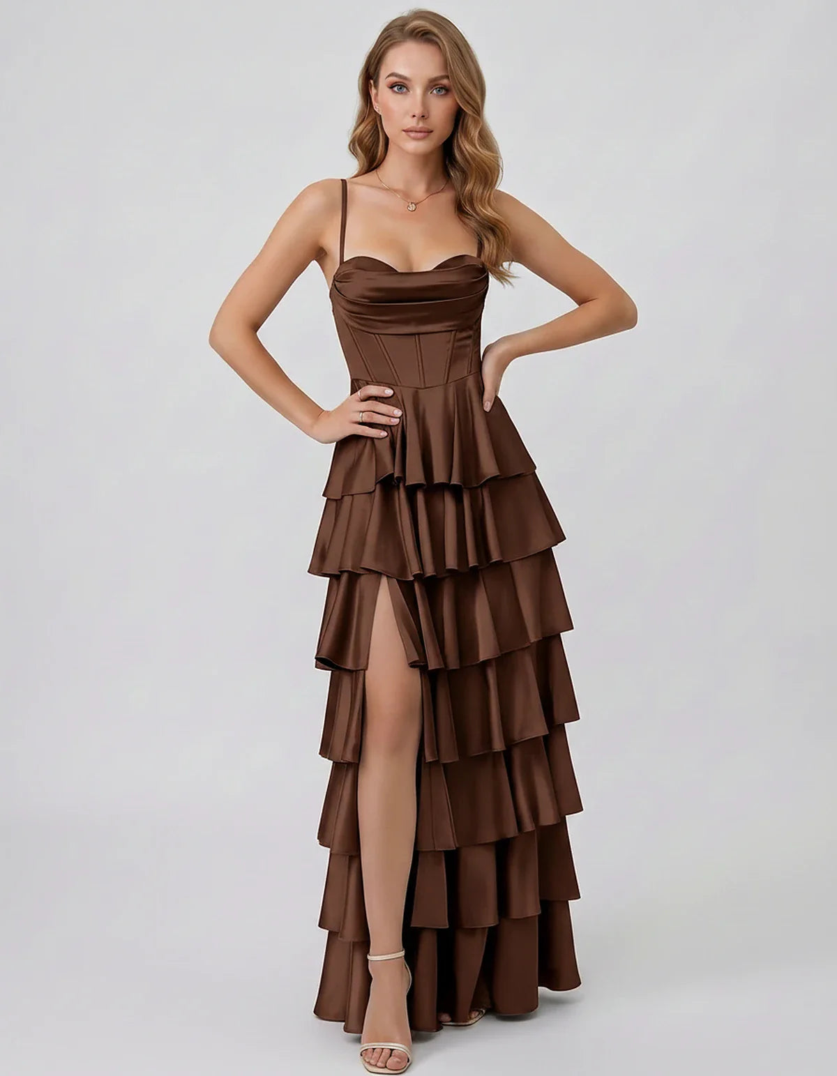 Satin Spaghetti Strap Sweetheart Neck A-Line Maxi Dress for Party, Cocktail, Evening, Wedding Guest, Prom & Summer Events, fr | SKU: VMD-583741926184507-BROWN-L,VMD-583741926184507-BROWN-M,VMD-583741926184507-BROWN-S,VMD-583741926184507-BROWN-XL,VMD-583741926184507-BROWN-XS