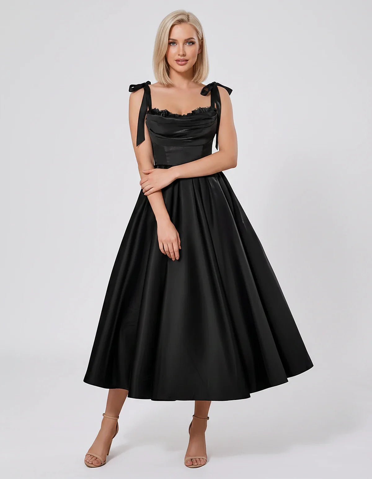 Satin Spaghetti Strap Cowl Neck A-Line Midi Dress with 3D Flowers for Prom, Party, Cocktail, Evening & Wedding Guest Events, | SKU: CM-641758203947516-BLACK-L,CM-641758203947516-BLACK-M,CM-641758203947516-BLACK-S,CM-641758203947516-BLACK-XL,CM-641758203947516-BLACK-XS
