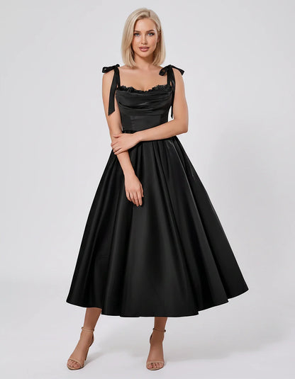 Satin Spaghetti Strap Cowl Neck A-Line Midi Dress with 3D Flowers for Prom, Party, Cocktail, Evening & Wedding Guest Events, | SKU: CM-641758203947516-BLACK-L,CM-641758203947516-BLACK-M,CM-641758203947516-BLACK-S,CM-641758203947516-BLACK-XL,CM-641758203947516-BLACK-XS