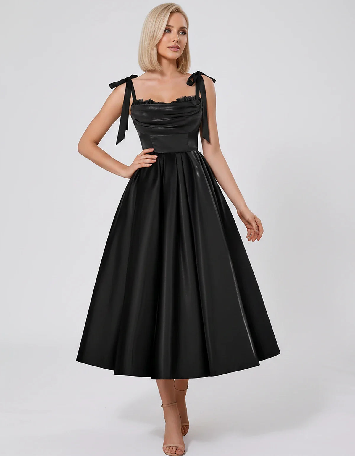 Satin Spaghetti Strap Cowl Neck A-Line Midi Dress with 3D Flowers for Prom, Party, Cocktail, Evening & Wedding Guest Events, | SKU: CM-641758203947516-BLACK-L,CM-641758203947516-BLACK-M,CM-641758203947516-BLACK-S,CM-641758203947516-BLACK-XL,CM-641758203947516-BLACK-XS