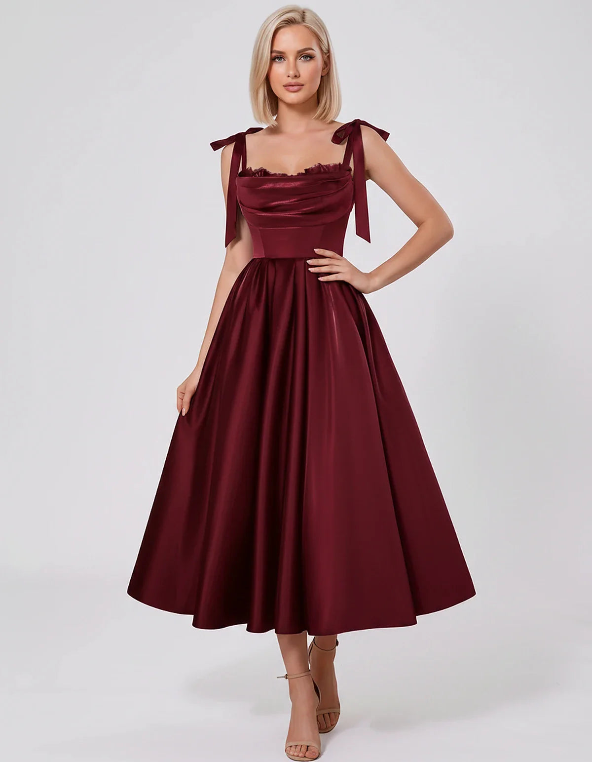 Satin Spaghetti Strap Cowl Neck A-Line Midi Dress with 3D Flowers for Prom, Party, Cocktail, Evening & Wedding Guest Events, | SKU: CM-641758203947516-BURGUNDY-L,CM-641758203947516-BURGUNDY-M,CM-641758203947516-BURGUNDY-S,CM-641758203947516-BURGUNDY-XL,CM-641758203947516-BURGUNDY-XS