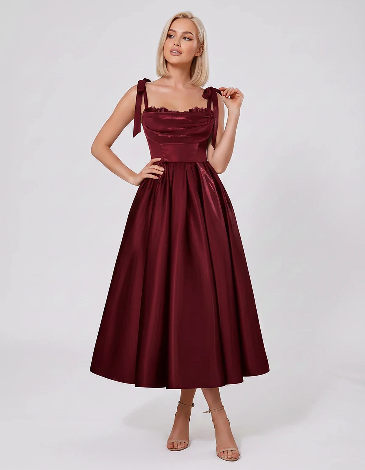 Satin Spaghetti Strap Cowl Neck A-Line Midi Dress with 3D Flowers for Prom, Party, Cocktail, Evening & Wedding Guest Events, | SKU: CM-641758203947516-BURGUNDY-L,CM-641758203947516-BURGUNDY-M,CM-641758203947516-BURGUNDY-S,CM-641758203947516-BURGUNDY-XL,CM-641758203947516-BURGUNDY-XS
