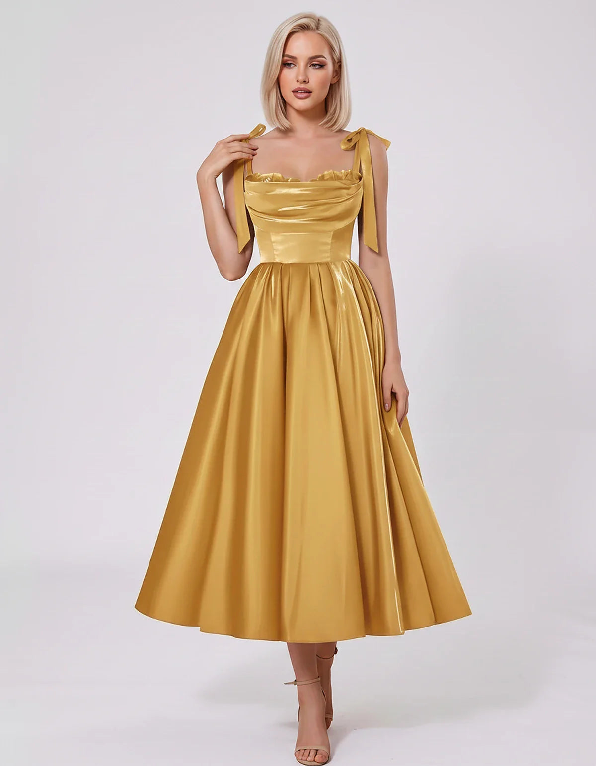 Satin Spaghetti Strap Cowl Neck A-Line Midi Dress with 3D Flowers for Prom, Party, Cocktail, Evening & Wedding Guest Events, | SKU: CM-641758203947516-GOLD-L,CM-641758203947516-GOLD-M,CM-641758203947516-GOLD-S,CM-641758203947516-GOLD-XL,CM-641758203947516-GOLD-XS