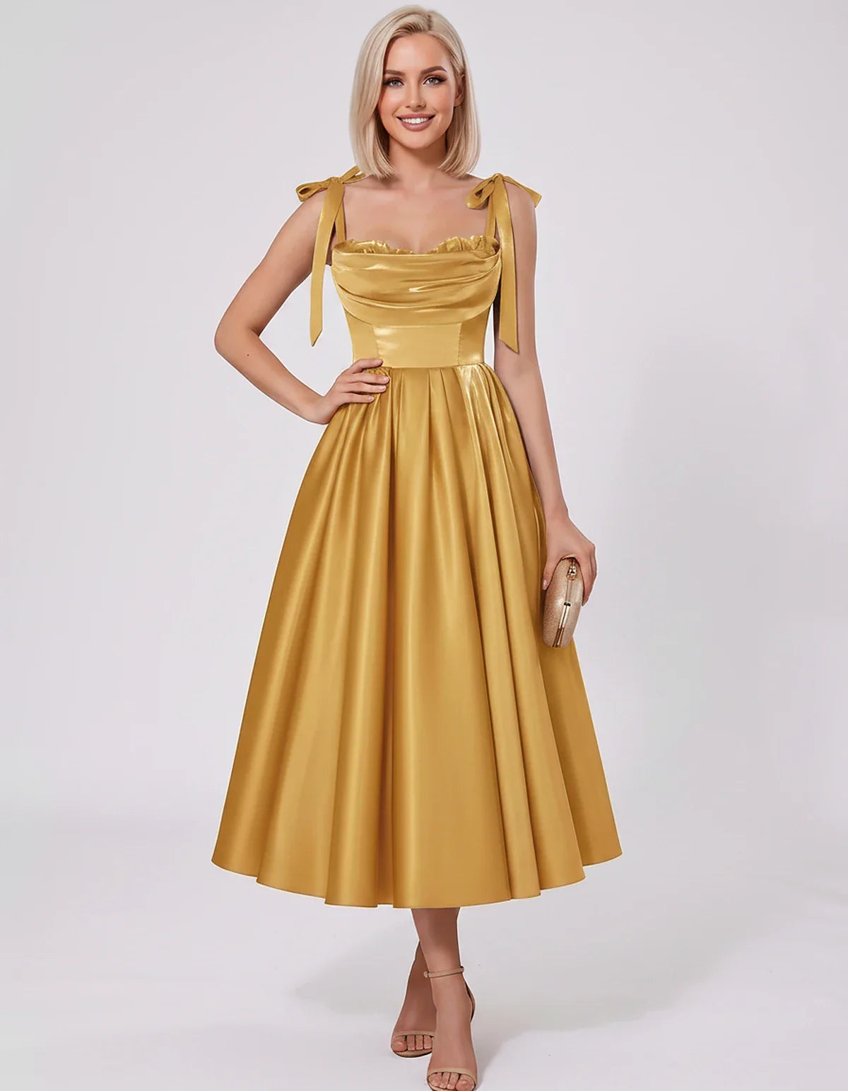 Satin Spaghetti Strap Cowl Neck A-Line Midi Dress with 3D Flowers for Prom, Party, Cocktail, Evening & Wedding Guest Events, | SKU: CM-641758203947516-GOLD-L,CM-641758203947516-GOLD-M,CM-641758203947516-GOLD-S,CM-641758203947516-GOLD-XL,CM-641758203947516-GOLD-XS
