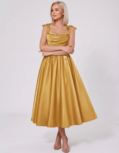 Satin Spaghetti Strap Cowl Neck A-Line Midi Dress with 3D Flowers for Prom, Party, Cocktail, Evening & Wedding Guest Events, | SKU: CM-641758203947516-GOLD-L,CM-641758203947516-GOLD-M,CM-641758203947516-GOLD-S,CM-641758203947516-GOLD-XL,CM-641758203947516-GOLD-XS