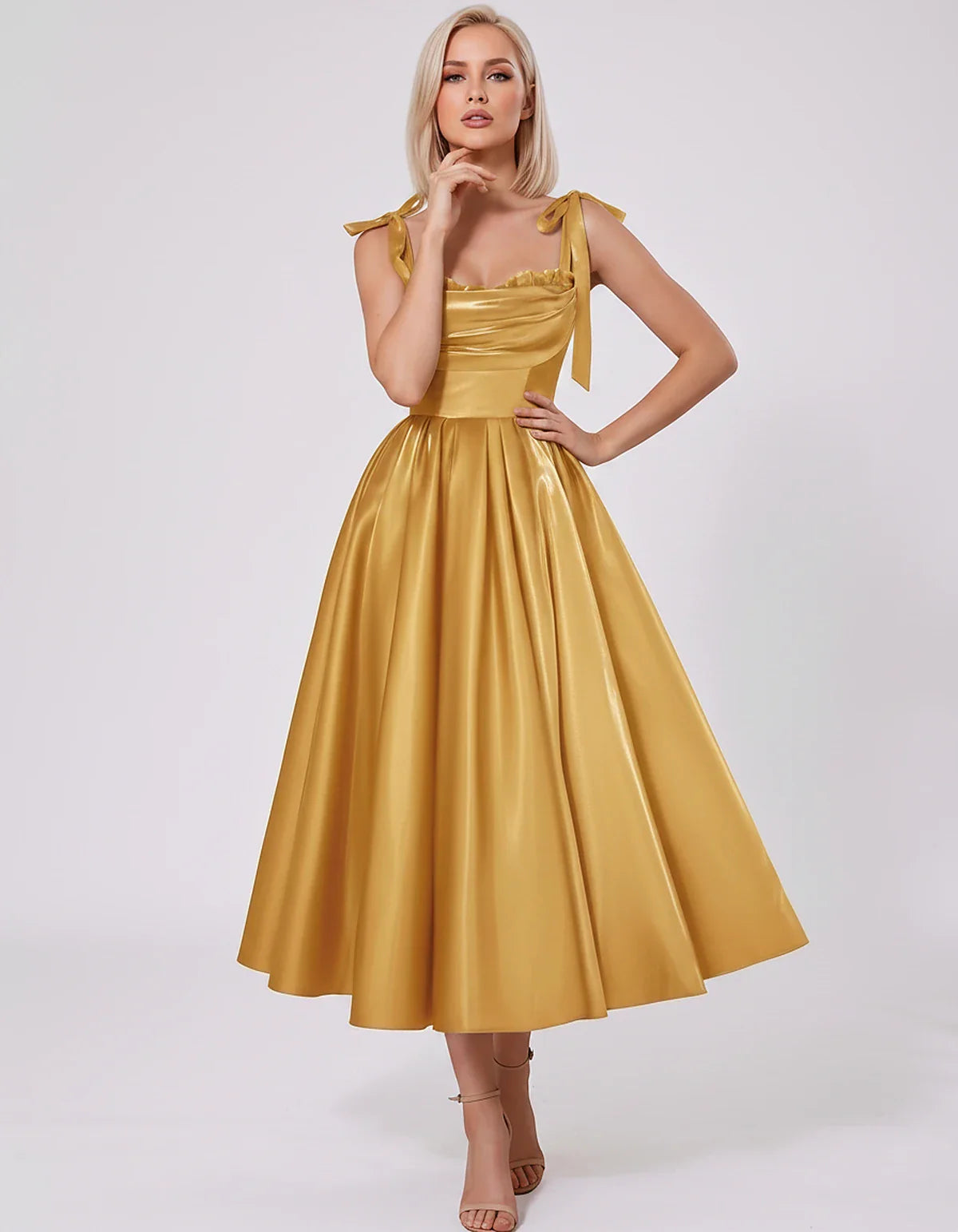 Satin Spaghetti Strap Cowl Neck A-Line Midi Dress with 3D Flowers for Prom, Party, Cocktail, Evening & Wedding Guest Events, | SKU: CM-641758203947516-GOLD-L,CM-641758203947516-GOLD-M,CM-641758203947516-GOLD-S,CM-641758203947516-GOLD-XL,CM-641758203947516-GOLD-XS