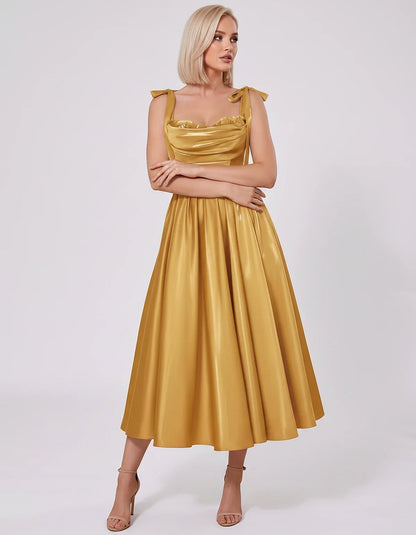 Satin Spaghetti Strap Cowl Neck A-Line Midi Dress with 3D Flowers for Prom, Party, Cocktail, Evening & Wedding Guest Events, | SKU: CM-641758203947516-GOLD-L,CM-641758203947516-GOLD-M,CM-641758203947516-GOLD-S,CM-641758203947516-GOLD-XL,CM-641758203947516-GOLD-XS