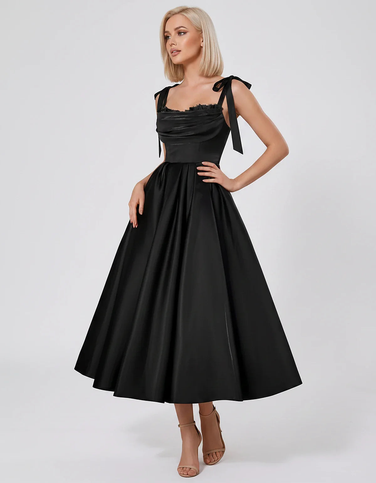 Satin Spaghetti Strap Cowl Neck A-Line Midi Dress with 3D Flowers for Prom, Party, Cocktail, Evening & Wedding Guest Events, | SKU: CM-641758203947516-BLACK-L,CM-641758203947516-BLACK-M,CM-641758203947516-BLACK-S,CM-641758203947516-BLACK-XL,CM-641758203947516-BLACK-XS
