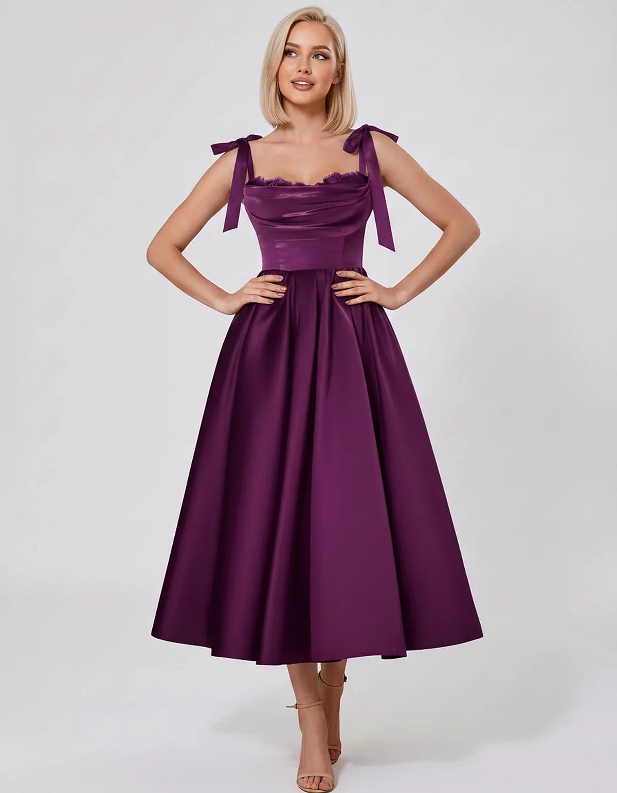 Satin Spaghetti Strap Cowl Neck A-Line Midi Dress with 3D Flowers for Prom, Party, Cocktail, Evening & Wedding Guest Events, | SKU: CM-641758203947516-PLUM-L,CM-641758203947516-PLUM-M,CM-641758203947516-PLUM-S,CM-641758203947516-PLUM-XL,CM-641758203947516-PLUM-XS