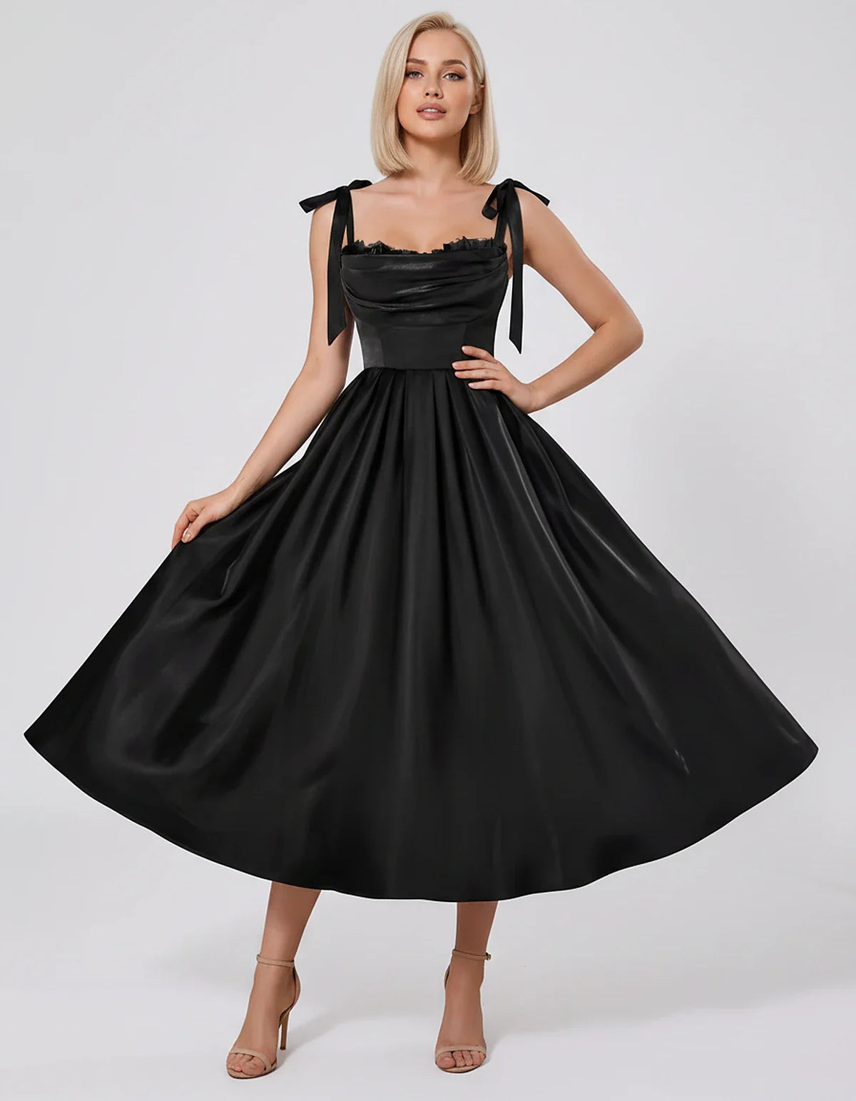 Satin Spaghetti Strap Cowl Neck A-Line Midi Dress with 3D Flowers for Prom, Party, Cocktail, Evening & Wedding Guest Events, | SKU: CM-641758203947516-BLACK-L,CM-641758203947516-BLACK-M,CM-641758203947516-BLACK-S,CM-641758203947516-BLACK-XL,CM-641758203947516-BLACK-XS