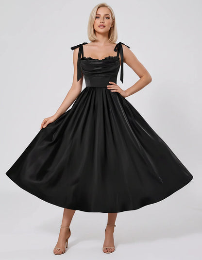 Satin Spaghetti Strap Cowl Neck A-Line Midi Dress with 3D Flowers for Prom, Party, Cocktail, Evening & Wedding Guest Events, | SKU: CM-641758203947516-BLACK-L,CM-641758203947516-BLACK-M,CM-641758203947516-BLACK-S,CM-641758203947516-BLACK-XL,CM-641758203947516-BLACK-XS