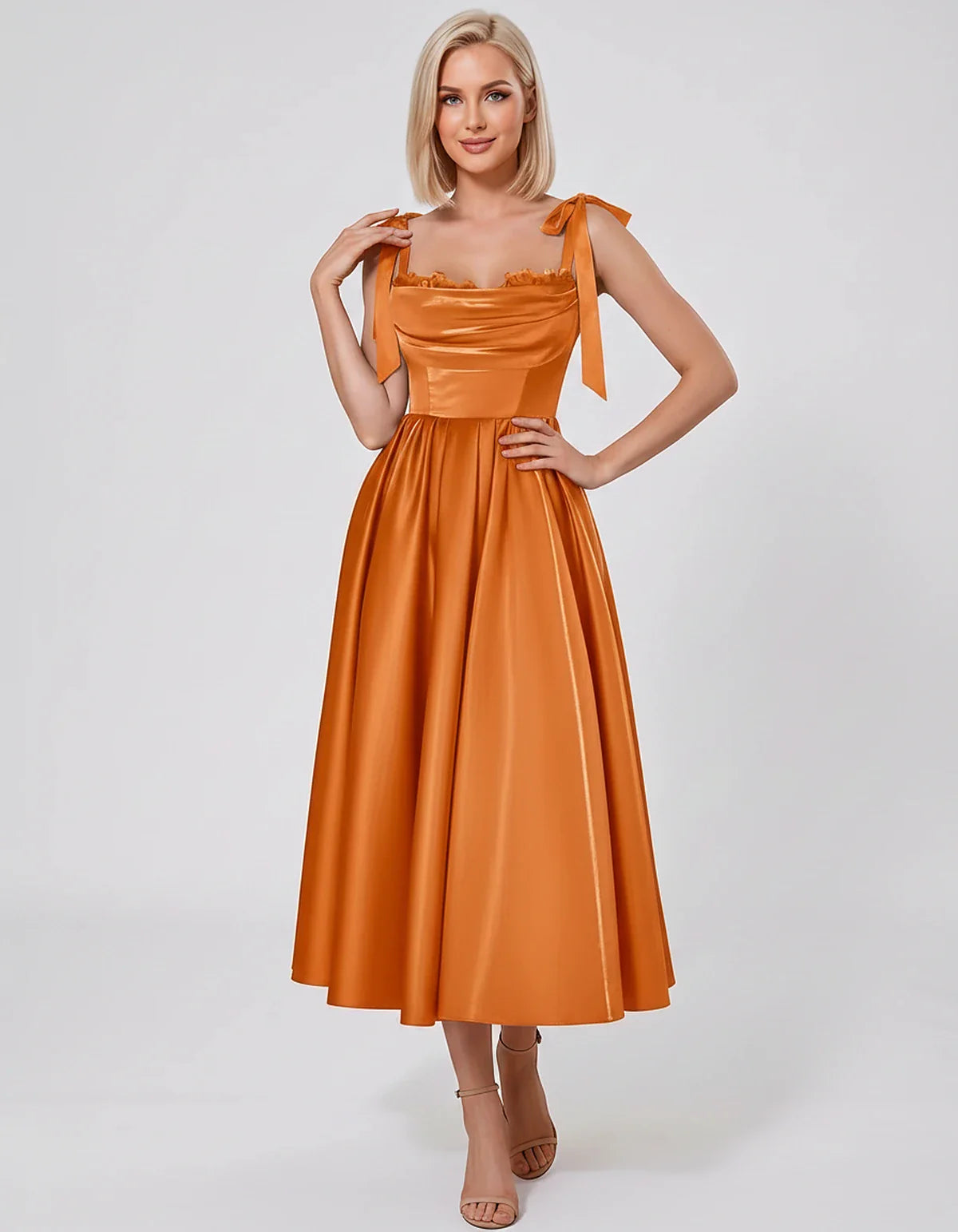 Satin Spaghetti Strap Cowl Neck A-Line Midi Dress with 3D Flowers for Prom, Party, Cocktail, Evening & Wedding Guest Events, | SKU: CM-641758203947516-ORANGE-L,CM-641758203947516-ORANGE-M,CM-641758203947516-ORANGE-S,CM-641758203947516-ORANGE-XL,CM-641758203947516-ORANGE-XS