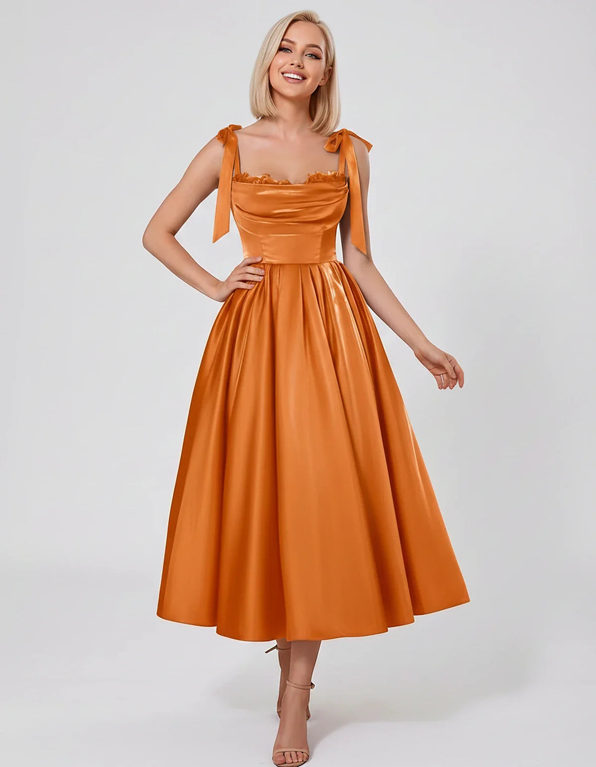 Satin Spaghetti Strap Cowl Neck A-Line Midi Dress with 3D Flowers for Prom, Party, Cocktail, Evening & Wedding Guest Events, | SKU: CM-641758203947516-ORANGE-L,CM-641758203947516-ORANGE-M,CM-641758203947516-ORANGE-S,CM-641758203947516-ORANGE-XL,CM-641758203947516-ORANGE-XS