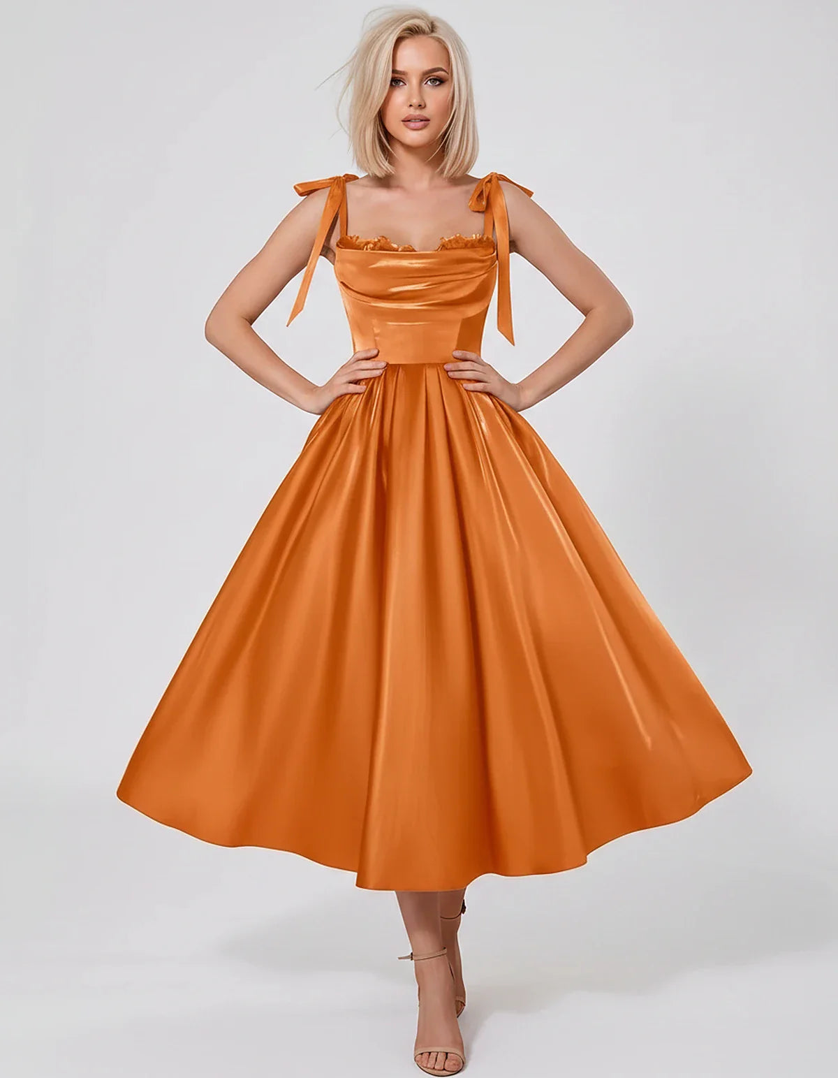 Satin Spaghetti Strap Cowl Neck A-Line Midi Dress with 3D Flowers for Prom, Party, Cocktail, Evening & Wedding Guest Events, | SKU: CM-641758203947516-ORANGE-L,CM-641758203947516-ORANGE-M,CM-641758203947516-ORANGE-S,CM-641758203947516-ORANGE-XL,CM-641758203947516-ORANGE-XS