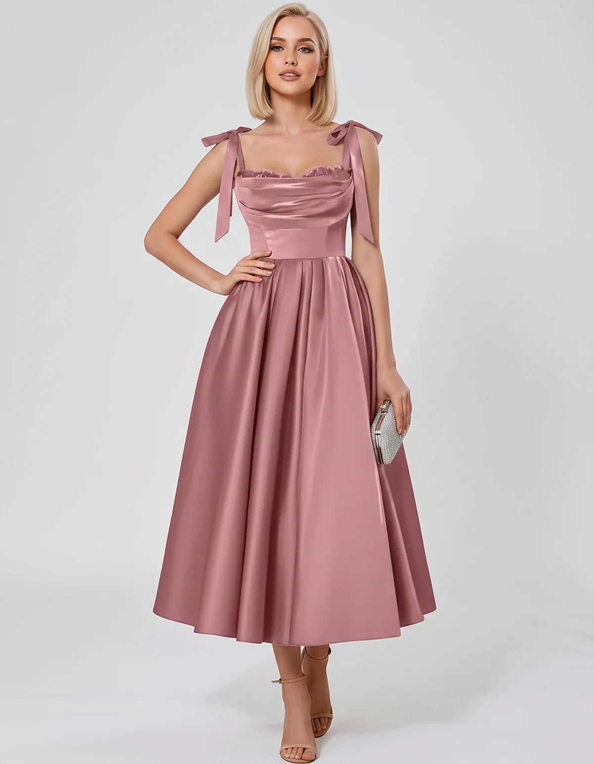 Satin Spaghetti Strap Cowl Neck A-Line Midi Dress with 3D Flowers for Prom, Party, Cocktail, Evening & Wedding Guest Events, | SKU: CM-641758203947516-ORANGE-L,CM-641758203947516-ORANGE-M,CM-641758203947516-ORANGE-S,CM-641758203947516-ORANGE-XL,CM-641758203947516-ORANGE-XS