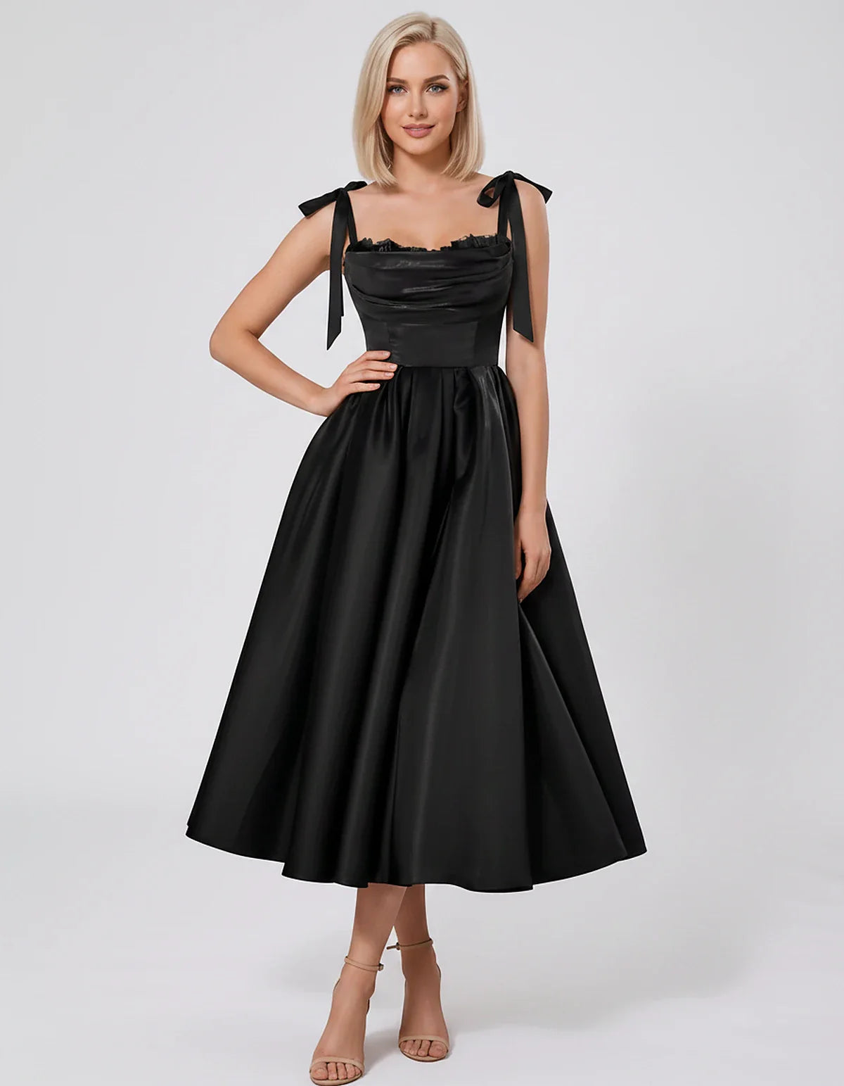 Satin Spaghetti Strap Cowl Neck A-Line Midi Dress with 3D Flowers for Prom, Party, Cocktail, Evening & Wedding Guest Events, | SKU: CM-641758203947516-BLACK-L,CM-641758203947516-BLACK-M,CM-641758203947516-BLACK-S,CM-641758203947516-BLACK-XL,CM-641758203947516-BLACK-XS