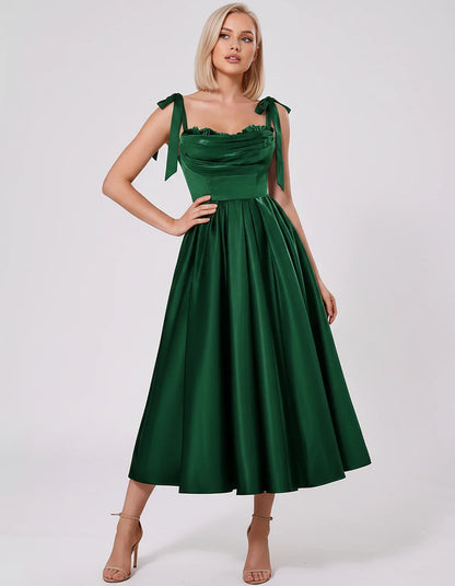 Satin Spaghetti Strap Cowl Neck A-Line Midi Dress with 3D Flowers for Prom, Party, Cocktail, Evening & Wedding Guest Events, | SKU: CM-641758203947516-GREEN-L,CM-641758203947516-GREEN-M,CM-641758203947516-GREEN-S,CM-641758203947516-GREEN-XL,CM-641758203947516-GREEN-XS