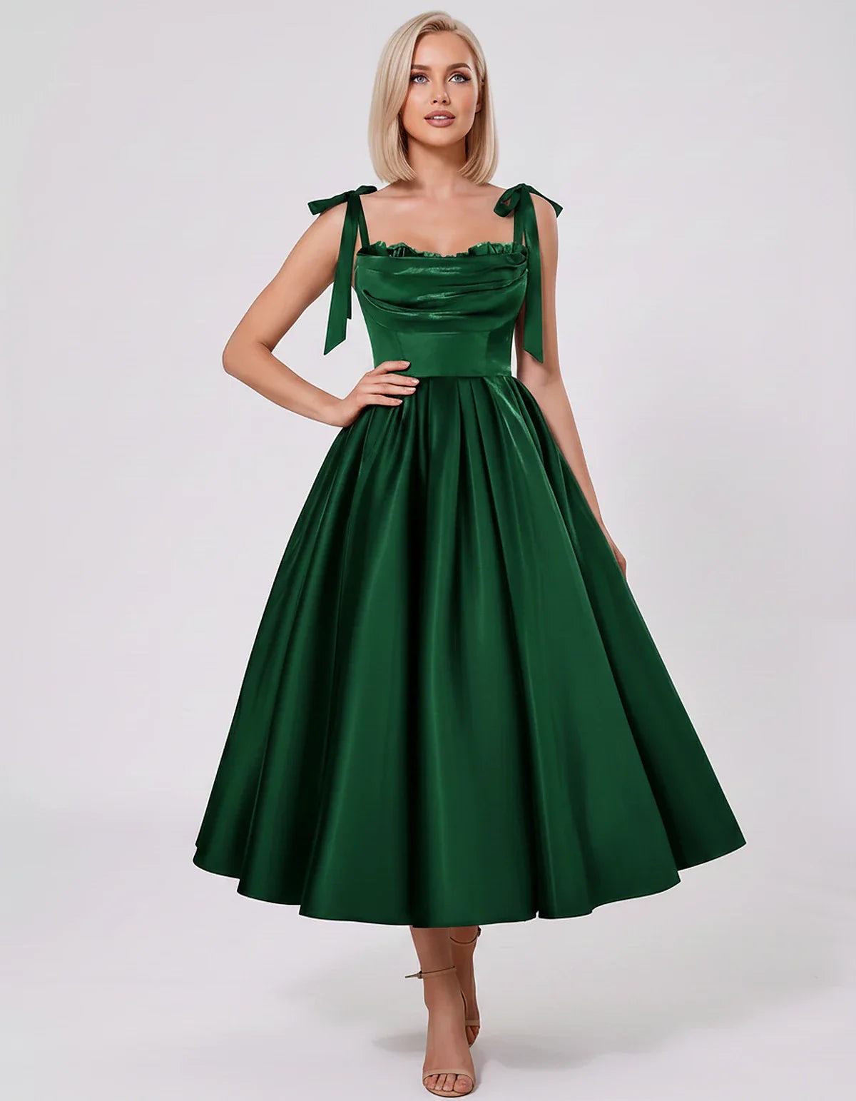 Satin Spaghetti Strap Cowl Neck A-Line Midi Dress with 3D Flowers for Prom, Party, Cocktail, Evening & Wedding Guest Events, | SKU: CM-641758203947516-GREEN-L,CM-641758203947516-GREEN-M,CM-641758203947516-GREEN-S,CM-641758203947516-GREEN-XL,CM-641758203947516-GREEN-XS